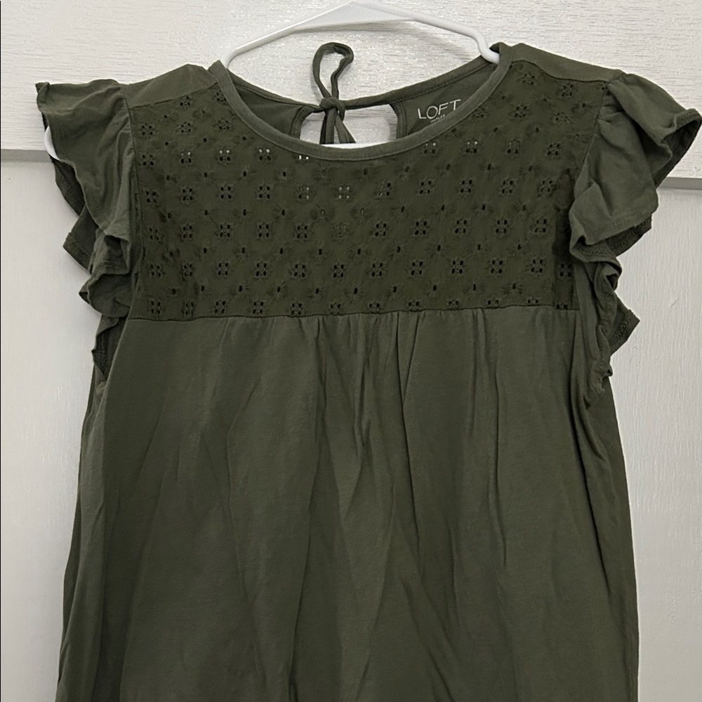 LOFT Dark Green Eyelet Ruffle Top